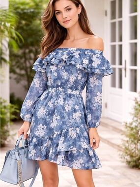 Michael Kors Floral Off Shoulder Ruffle Mini Dress Blue White NWT